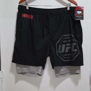 UFC Men's Regular Swim Shorts Black Gray Solid Drawstring Pockets Bottom Size L